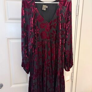 Taylor Burgundy Floral Velvet Burnout Long Sleeve Dress